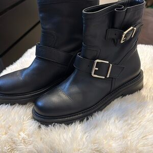 Jimmy Choo Sleek Black Leather Moto Boots
Sz 37 1/2